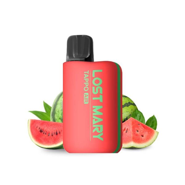 Lost Mary Tappo Air Kit Red + Watermelon 2%, mostrando el dispositivo y su diseño rojo con sabor a sandía.