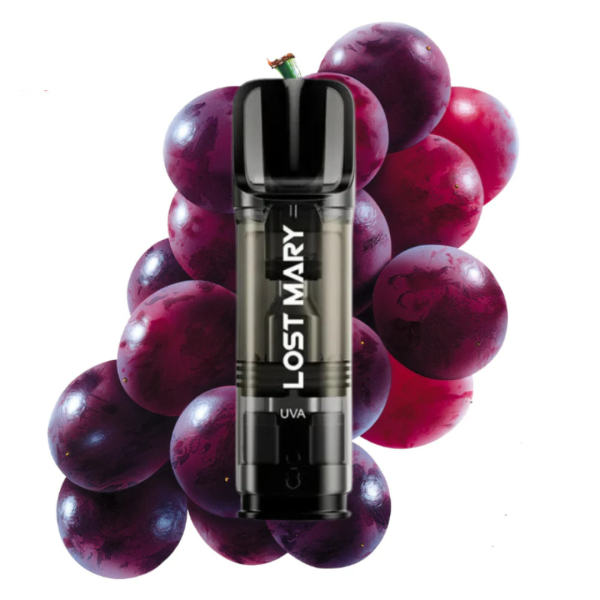 Cápsula Lost Mary Grape 2%, con diseño de uvas frescas y jugosas.